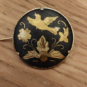 Damascene Brooch Floral and Bird Design